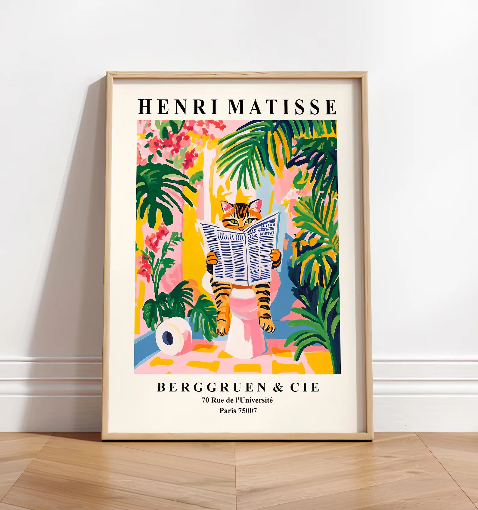 Plakat czarny kot Matisse - zabawna dekoracja do łazienki Biały