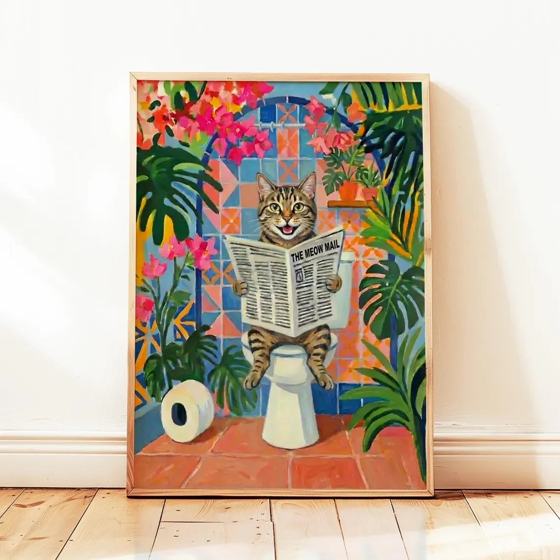 Plakat czarny kot Matisse - zabawna dekoracja do łazienki Brązowy