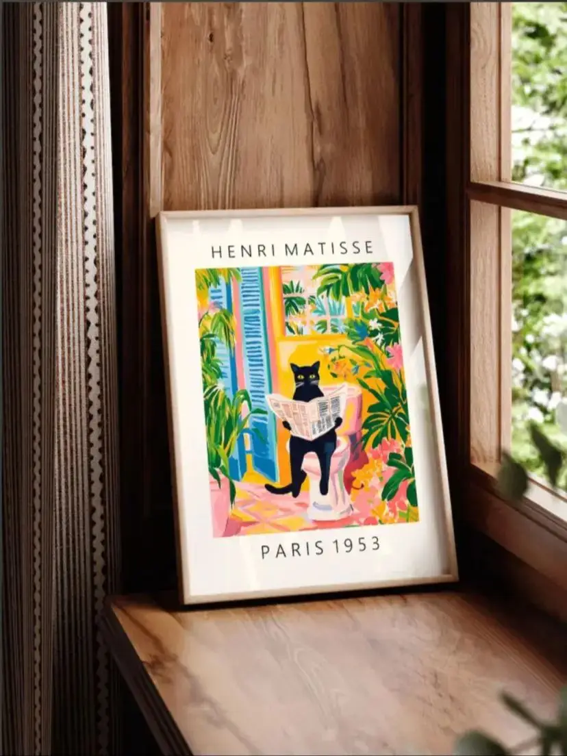 Plakat czarny kot Matisse - zabawna dekoracja do łazienki Czerwony