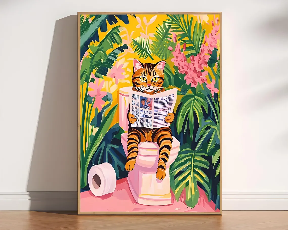 Plakat czarny kot Matisse - zabawna dekoracja do łazienki Fioletowy/фиолетовый