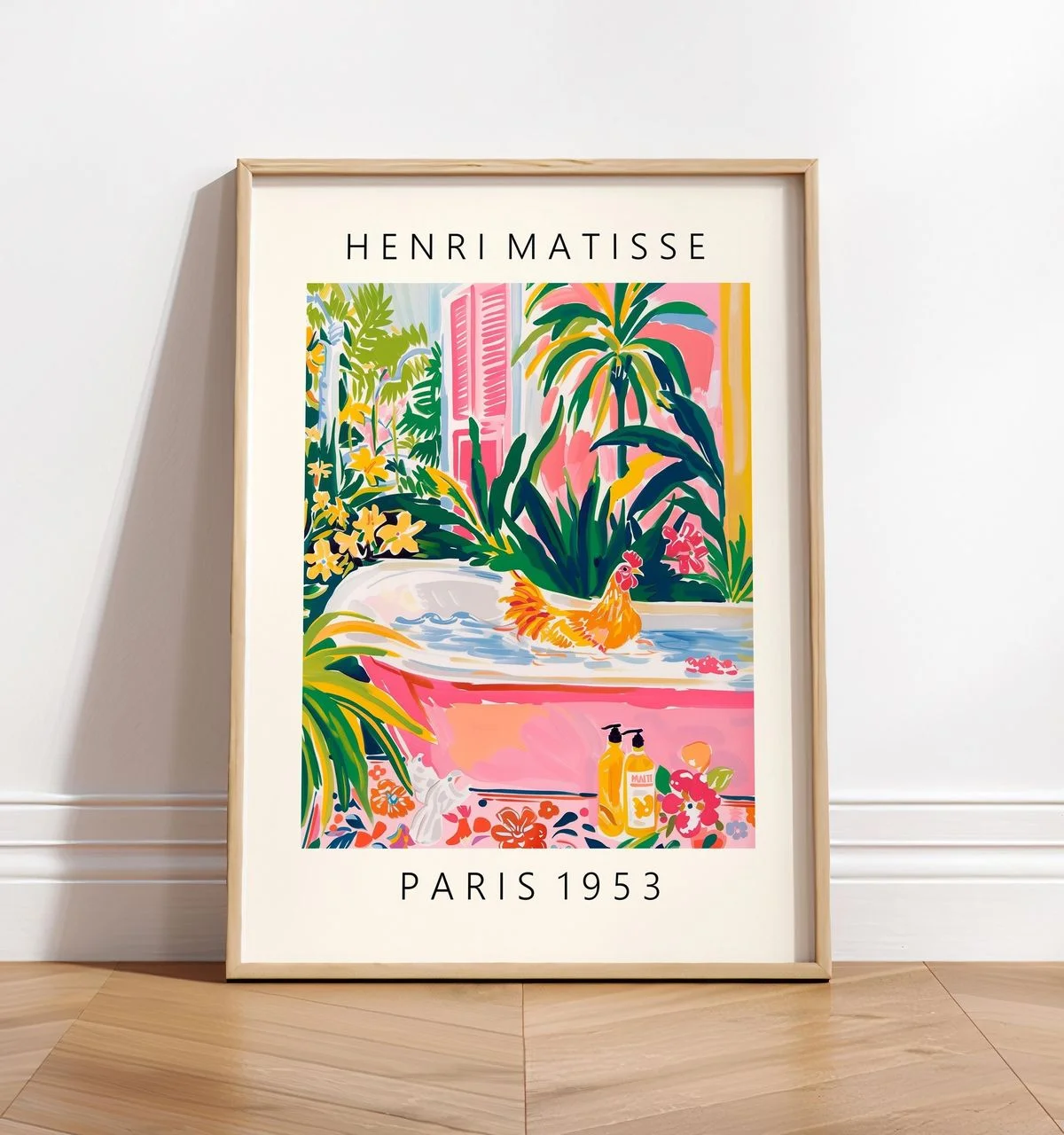 Plakat czarny kot Matisse - zabawna dekoracja do łazienki Fioletowy