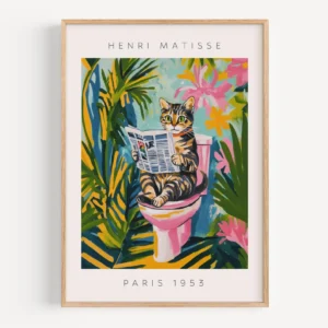 Plakat czarny kot Matisse - zabawna dekoracja do łazienki Kawa