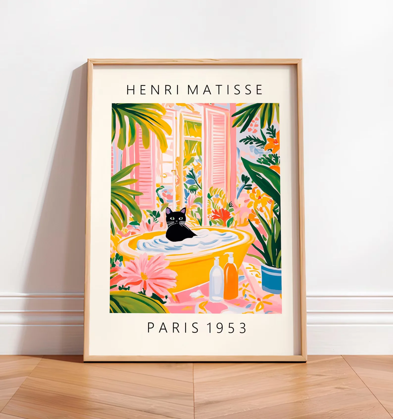 Plakat czarny kot Matisse - zabawna dekoracja do łazienki Niebieski