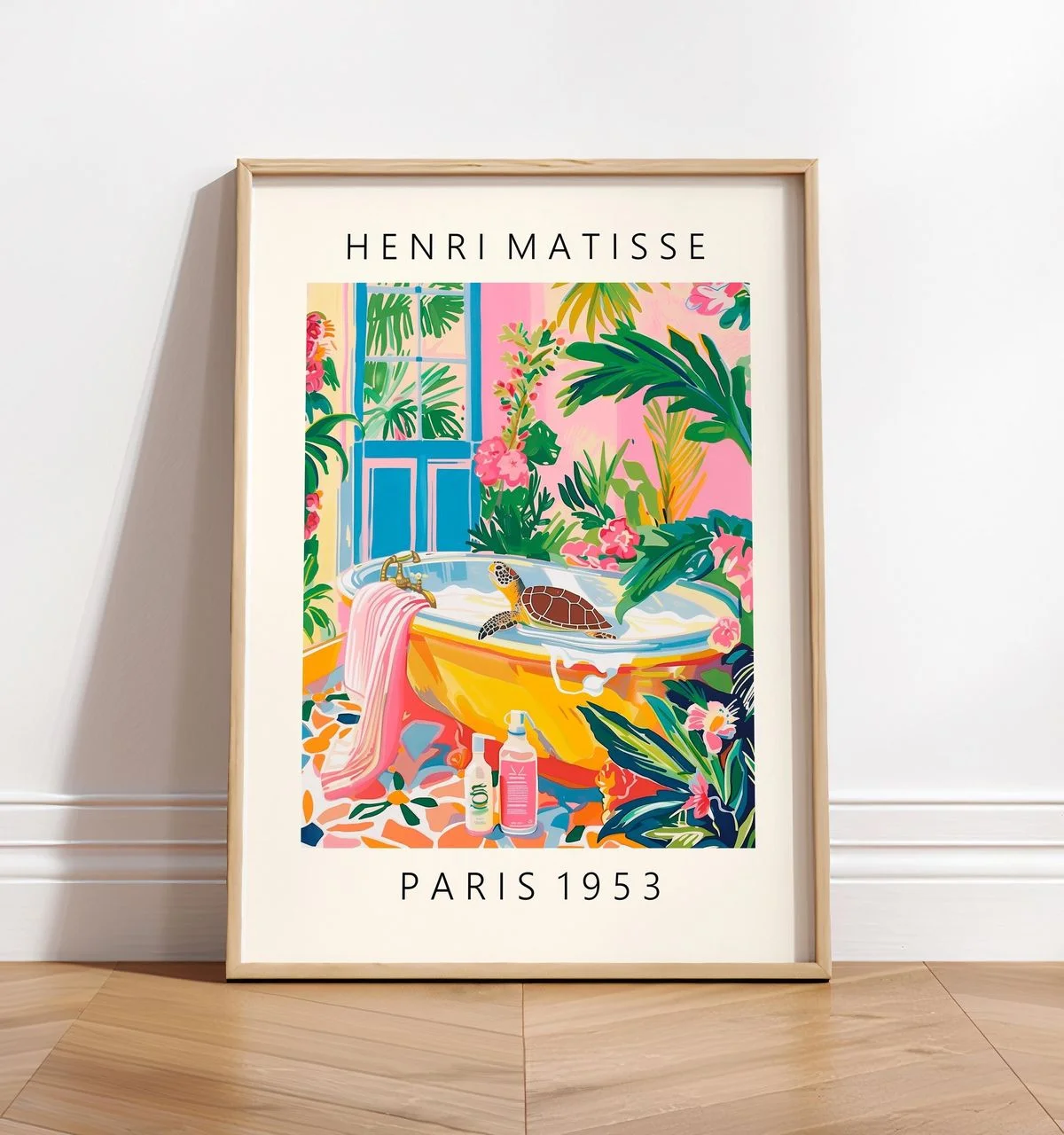 Plakat czarny kot Matisse - zabawna dekoracja do łazienki żółty