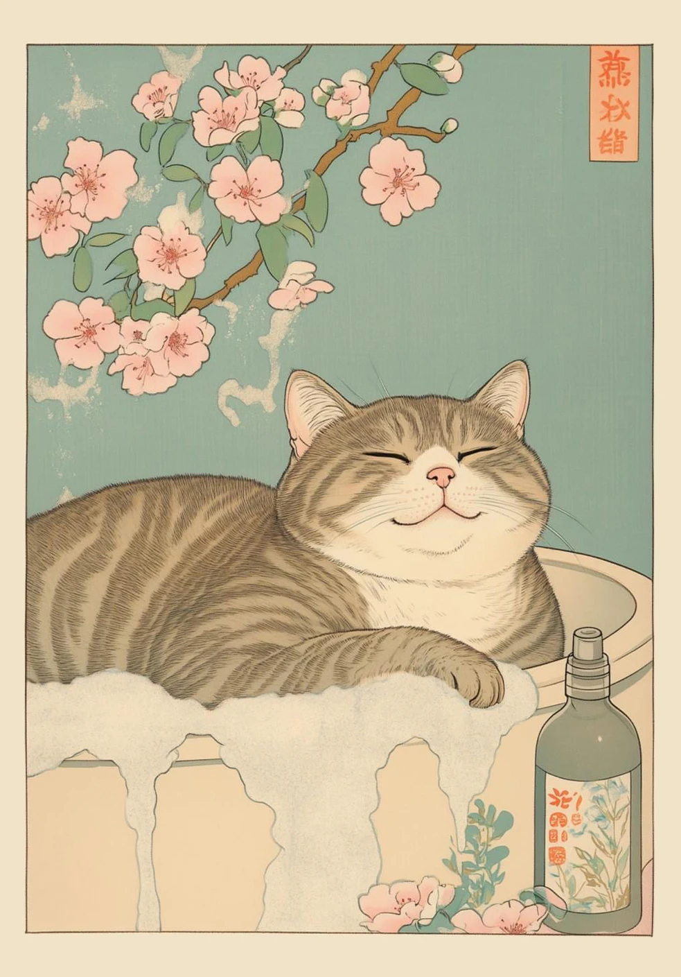 Plakat na płótnie kot tabby w wannie - retro Niebieski