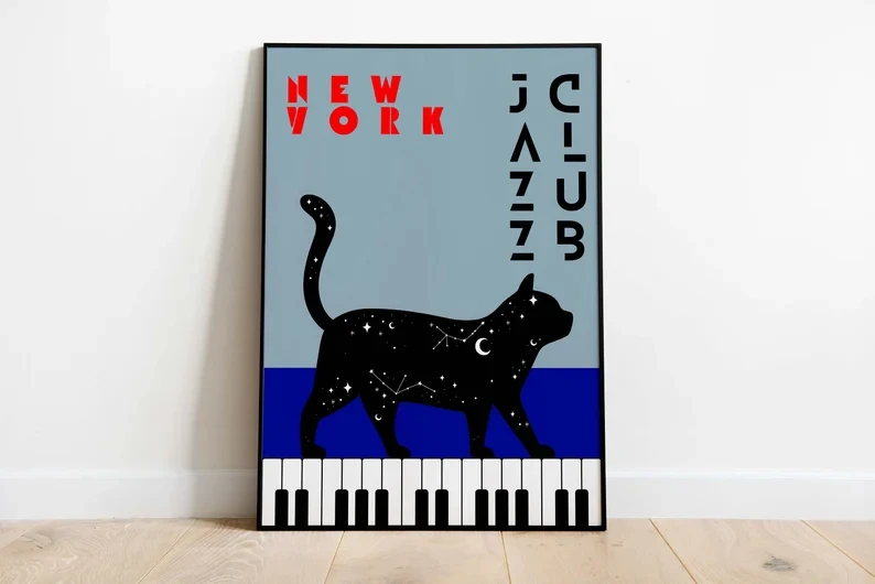 Plakat na płótnie z czarnym kotem przy fortepianie Czerwony
