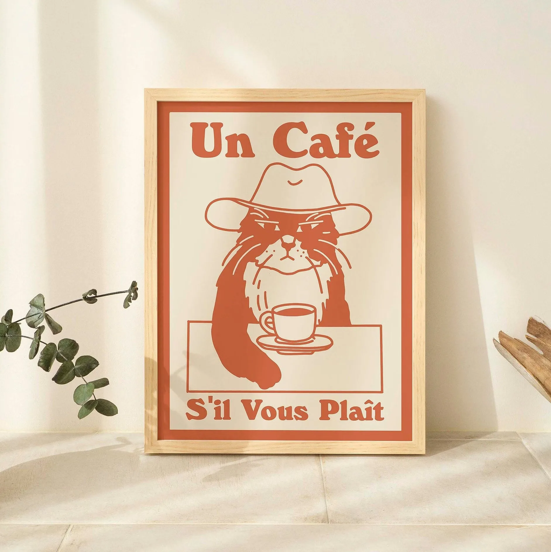 Plakat retro kot pijący espresso do kuchni i kawiarni Brązowy