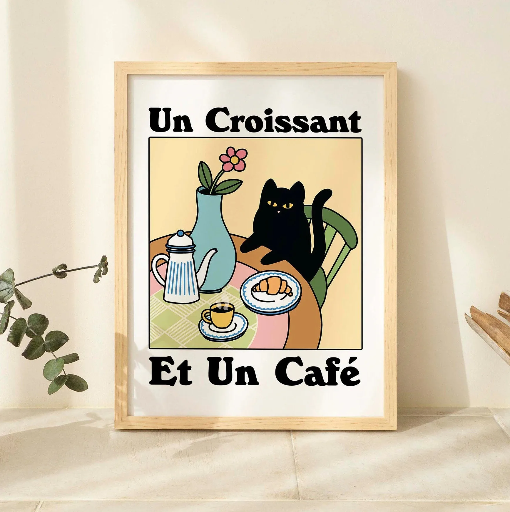 Plakat retro kot pijący espresso do kuchni i kawiarni Jasnoszary