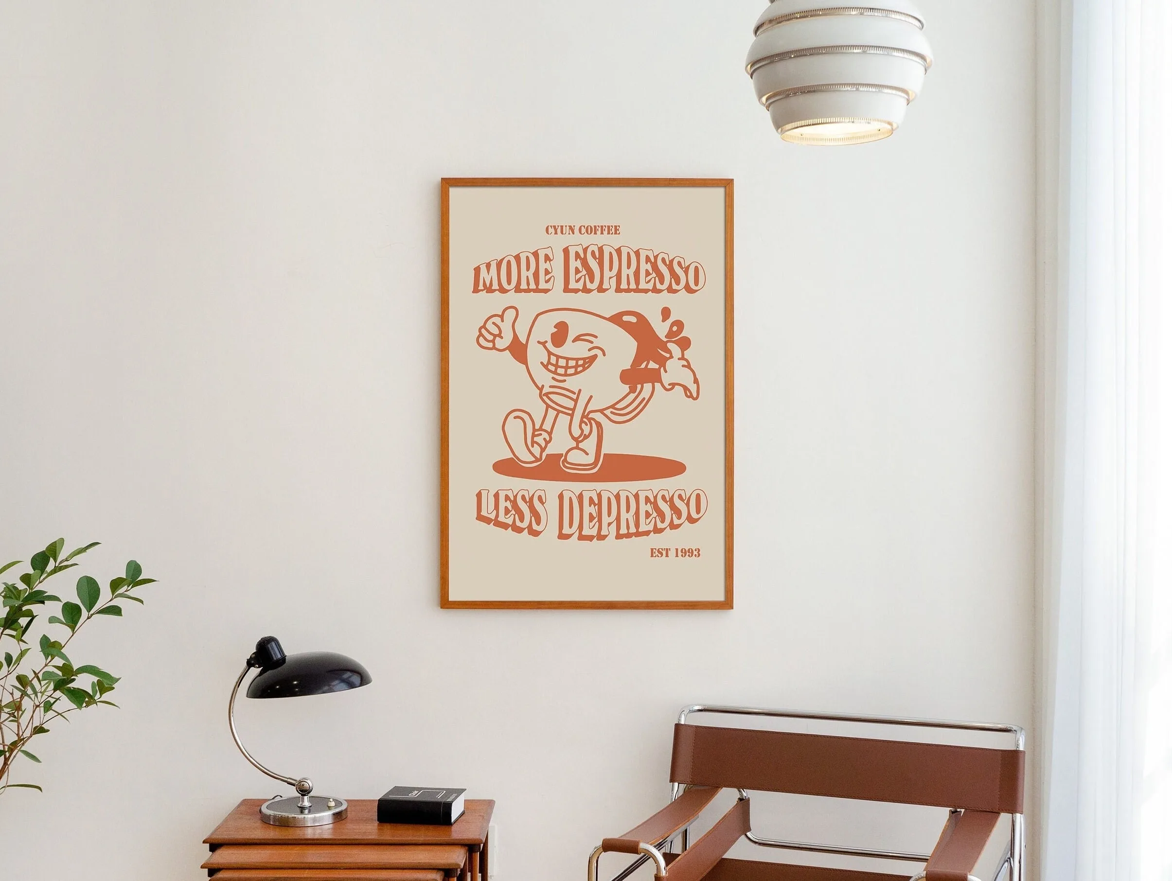 Plakat retro kot pijący espresso do kuchni i kawiarni Jasnożółty