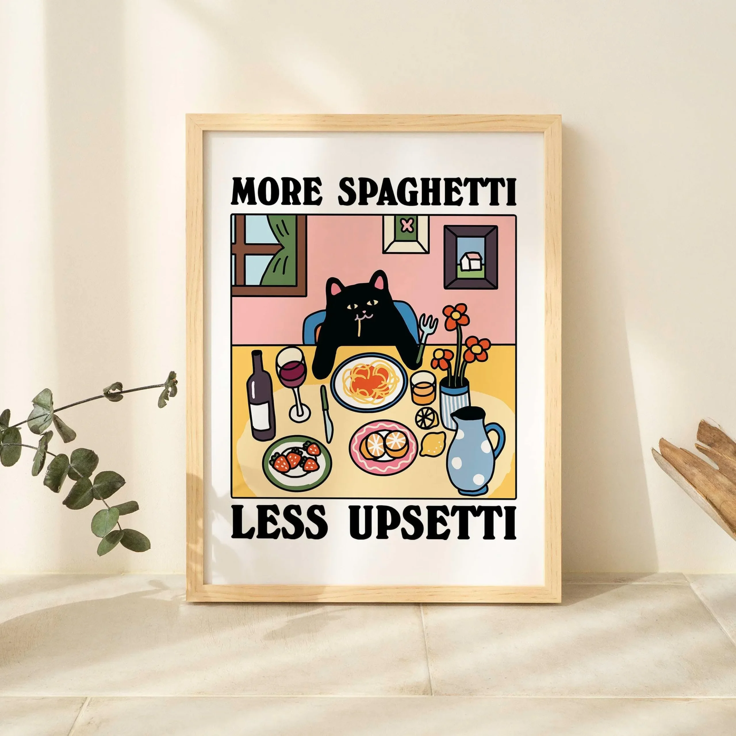Plakat retro kot pijący espresso do kuchni i kawiarni żółty