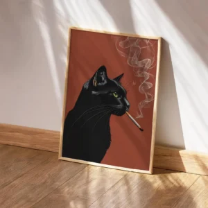 Plakat vintage z czarnym kotem palącym papierosa do baru i kuchni Niebieski