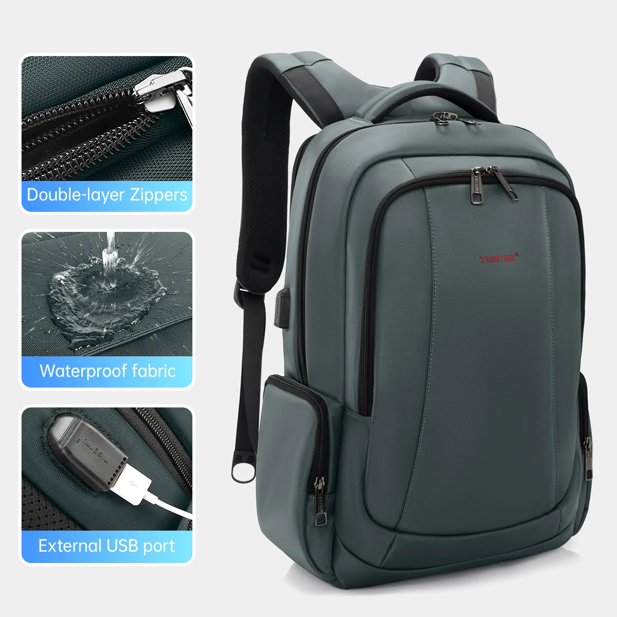 Plecak Tigernu na laptopa 15,6 i 17,3 cala z USB Cyan 15.6inch usb