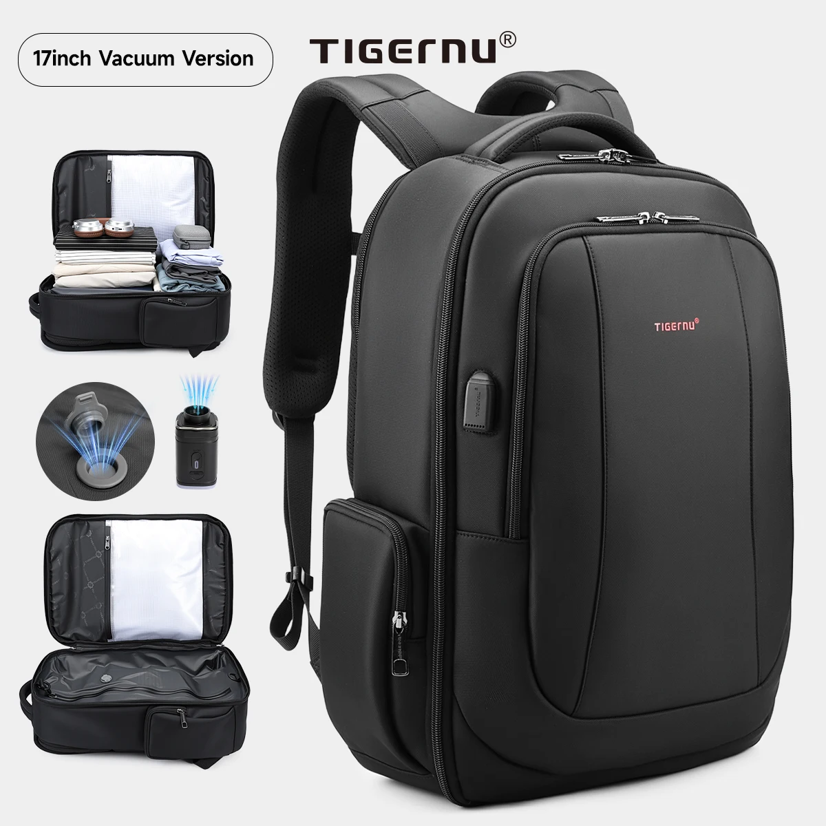 Plecak Tigernu na laptopa z portem USB Vacuum backpack 17
