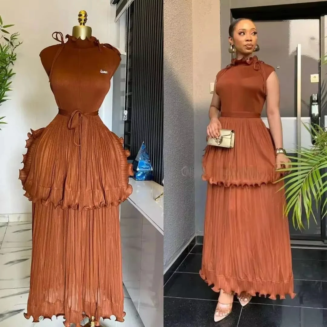 Plisowana sukienka damska bez rękawów Caramel color