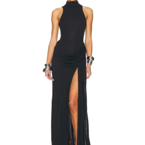 Elegancka plisowana sukienka maxi z golfem i rozcięciem Czarny