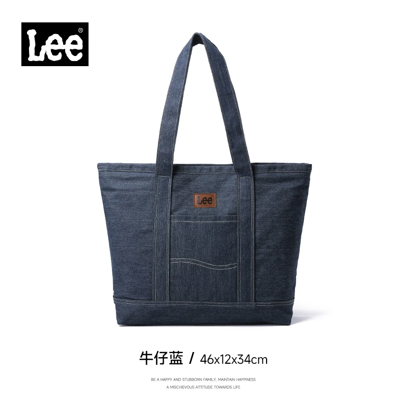 Płócienna torba shopper LEE z elementami skóry Niebieski
