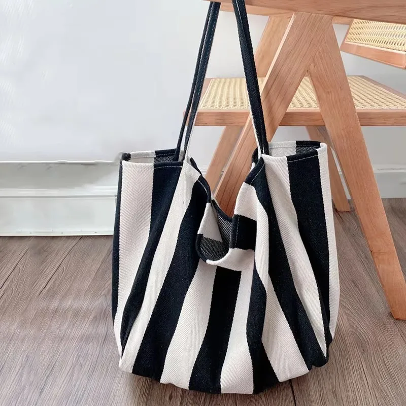 Płócienna torba shopper w paski o dużej pojemności Czarny