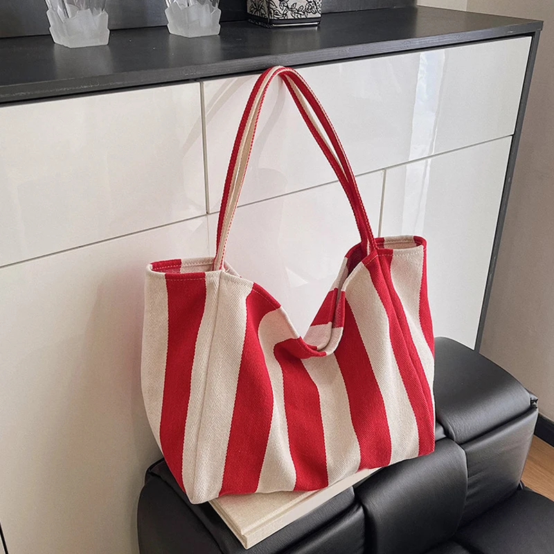Płócienna torba shopper w paski o dużej pojemności Czerwony