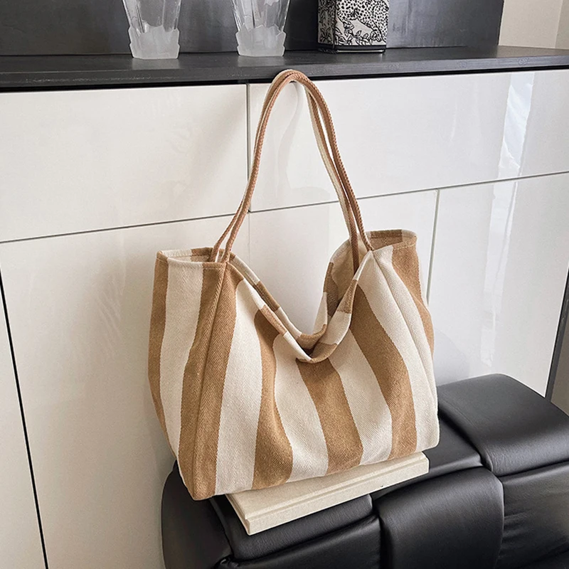 Płócienna torba shopper w paski o dużej pojemności Khaki