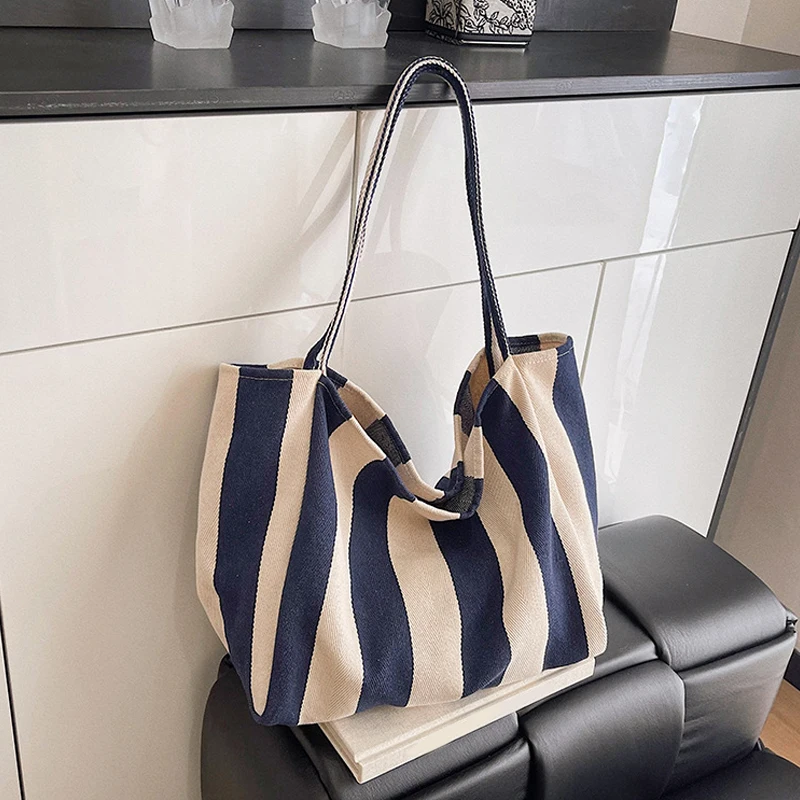 Płócienna torba shopper w paski o dużej pojemności Niebieski