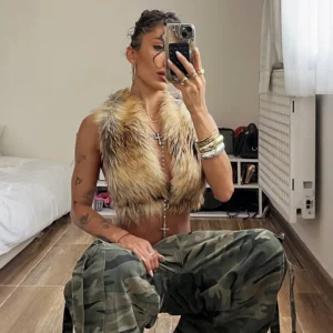 Pluszowa kamizelka damska halter bez pleców — futrzany top hip-hop Khaki