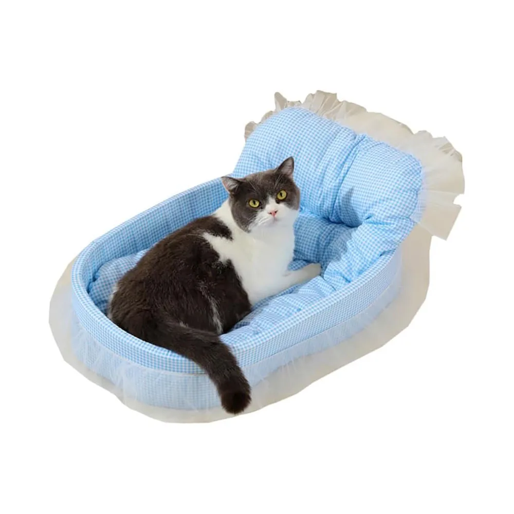 Pluszowa sofa dla kota i psa z koronką, owalna, pranie pokrowca Niebieski