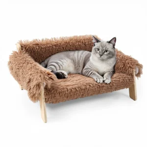 Pluszowa sofa dla kota na drewnianych nóżkach Herbata brązowa