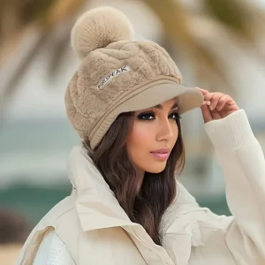 Elegancki pluszowy beret damski zimowy Khaki