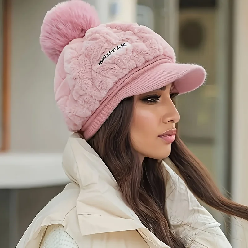 Elegancki pluszowy beret damski zimowy Różowy