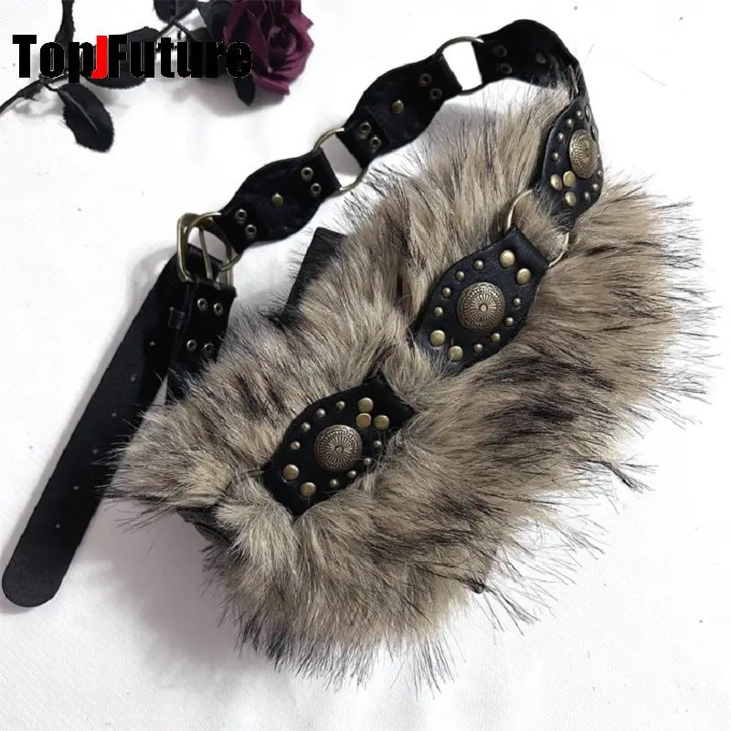 Pluszowy pasek z futerkiem w stylu Y2K i steampunk Czarny