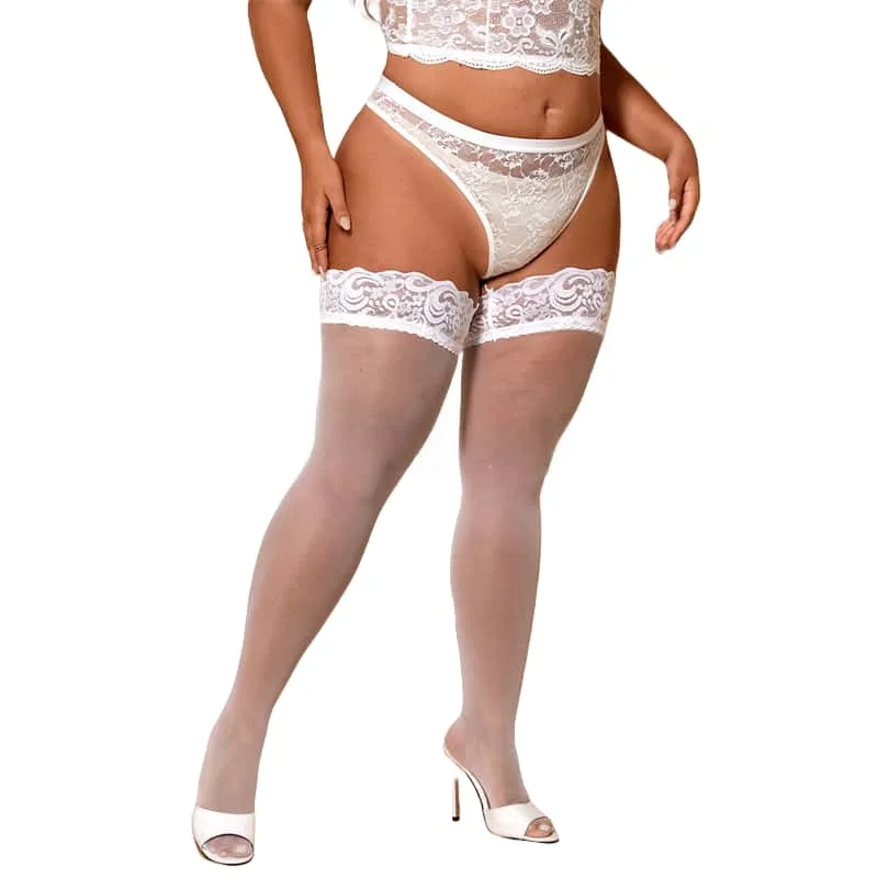 Pończochy damskie z koronką plus size do uda Biały