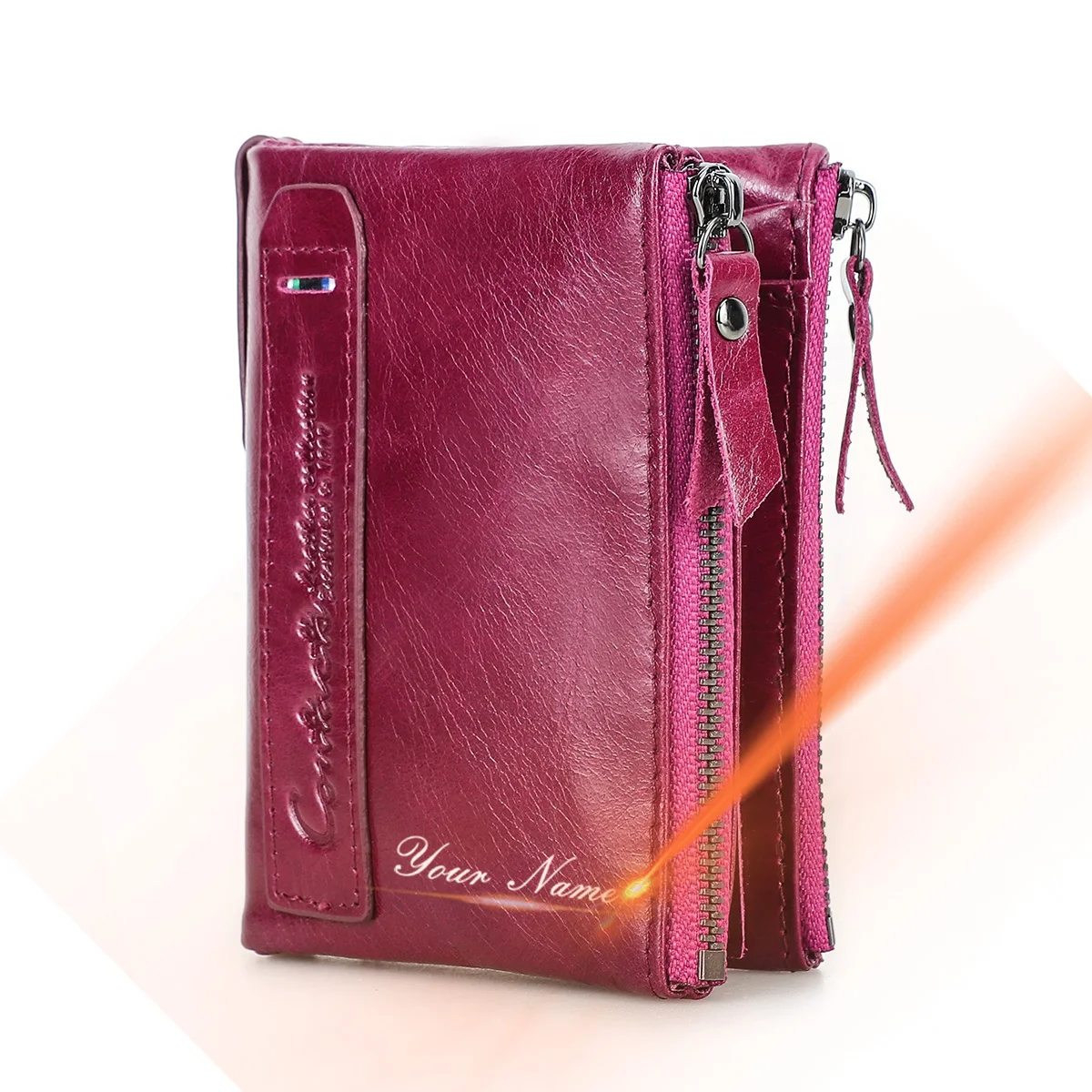Damski portfel ze skóry naturalnej z miejscem na monety Fuschia engraving