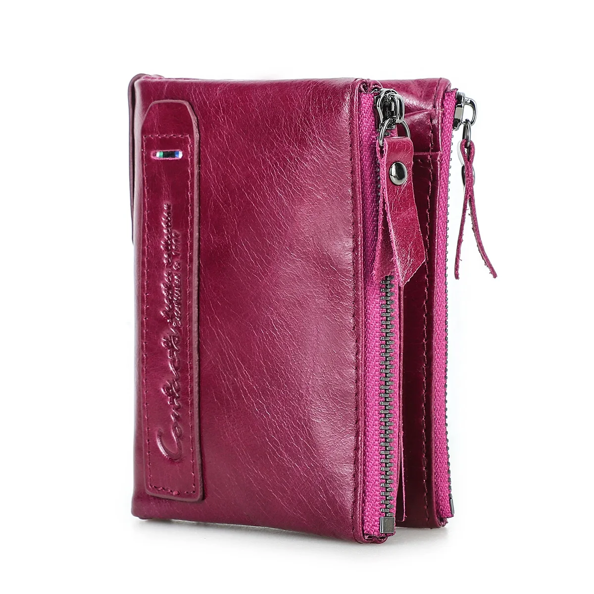 Damski portfel ze skóry naturalnej z miejscem na monety Fuschia