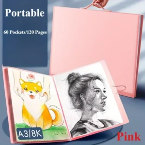 Portfolio artystyczne A3, 60 kieszeni, 120 stron, segregator z uchwytem Różowy