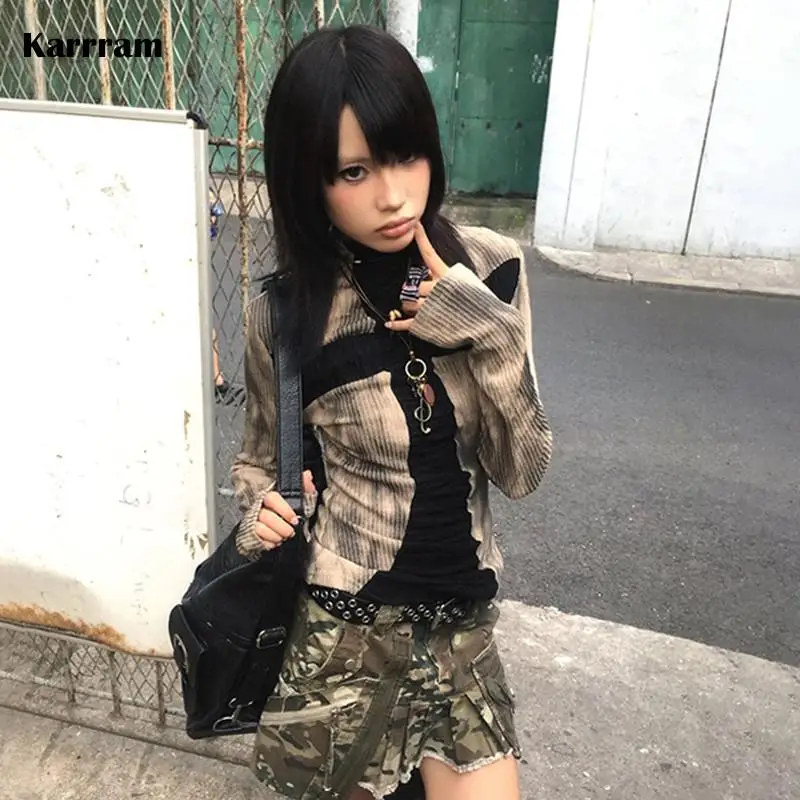 Prążkowana bluza z długim rękawem Y2K Harajuku w stylu grunge Beżowy