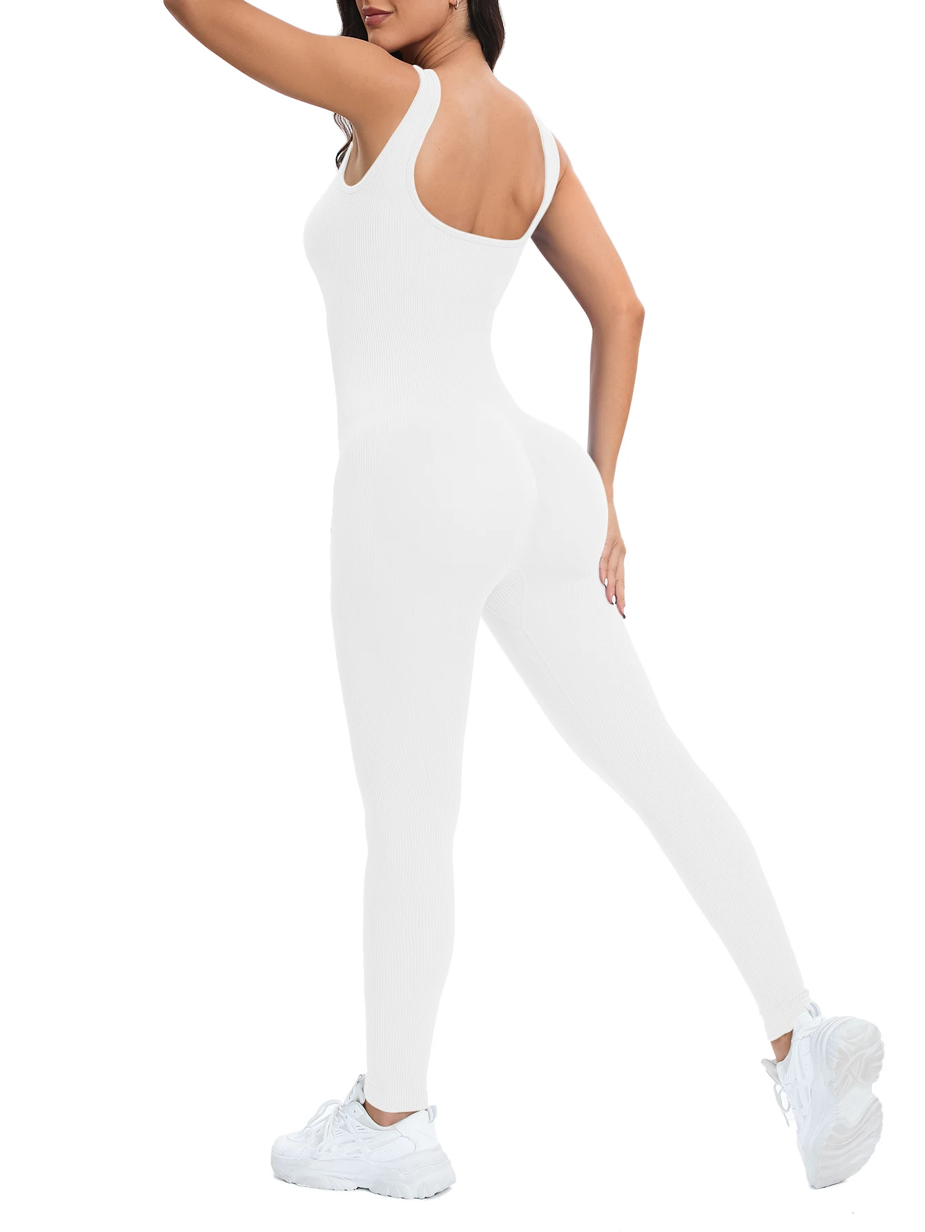 Prążkowane body modelujące z wbudowanym biustonoszem bez rękawów Biały