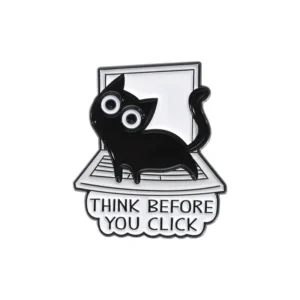 Przypinka emaliowana czarny kot Think Before You Click Kolor jasnożółtego złota