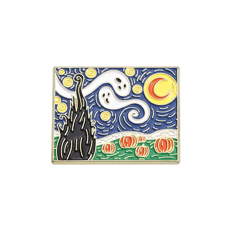 Przypinka emaliowana czarny kot Van Gogh sztuka Antyczny brąz platerowany