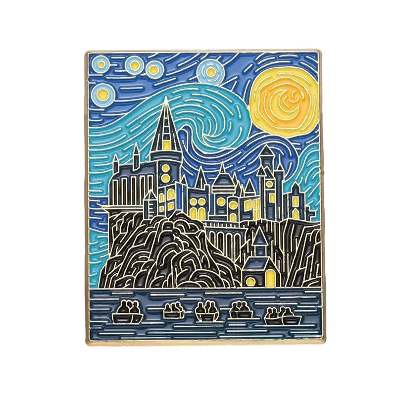 Przypinka emaliowana czarny kot Van Gogh sztuka Fioletowy