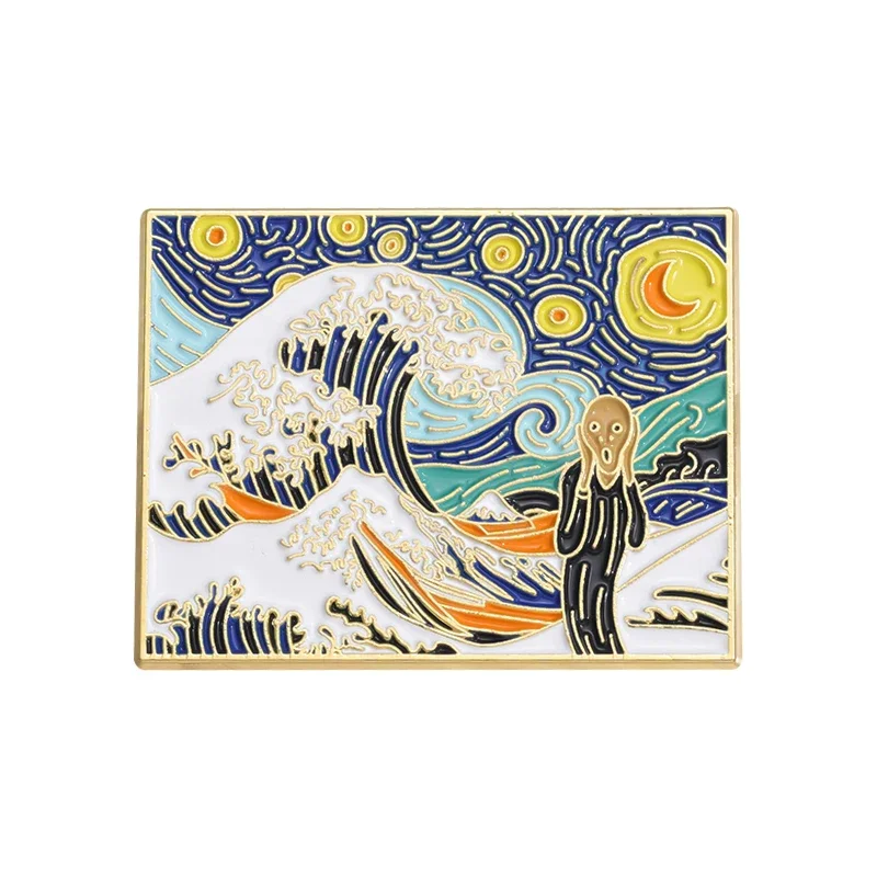 Przypinka emaliowana czarny kot Van Gogh sztuka Imitacja rodowana