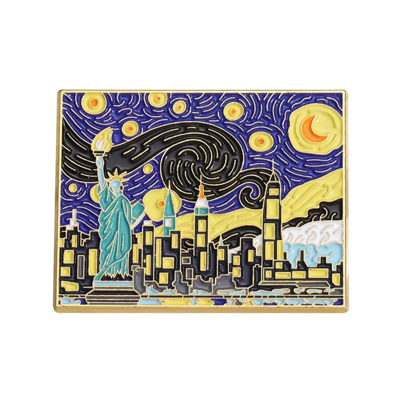 Przypinka emaliowana czarny kot Van Gogh sztuka Rodowany