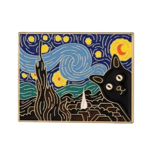 Przypinka emaliowana czarny kot Van Gogh sztuka Różowy