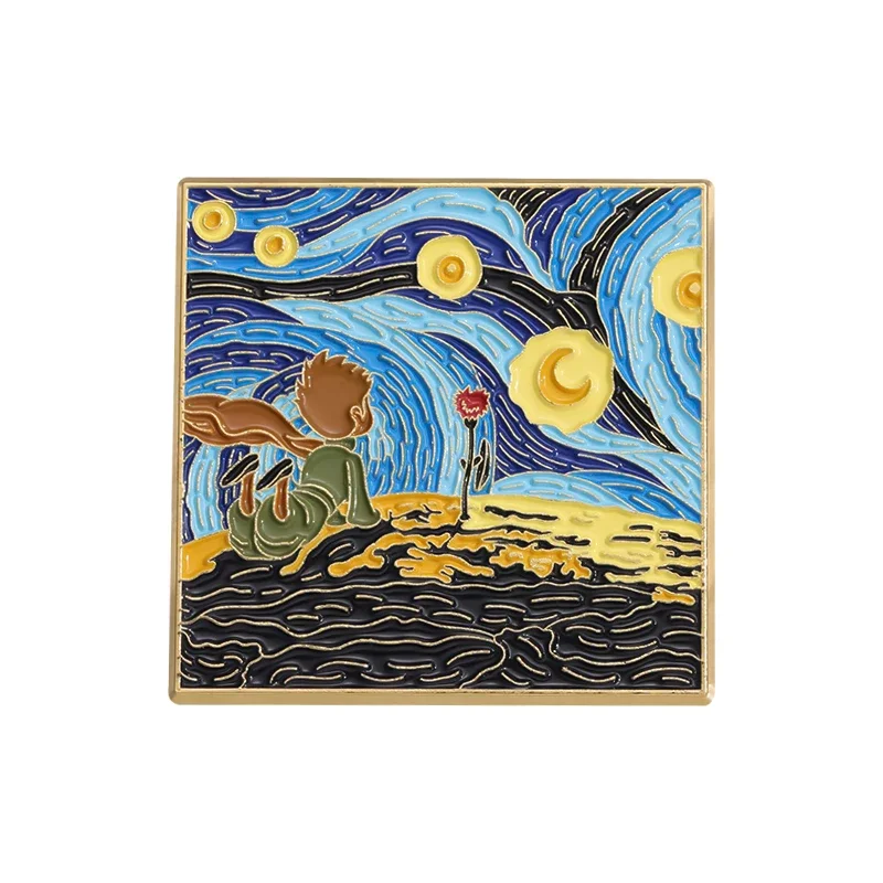 Przypinka emaliowana czarny kot Van Gogh sztuka Złoty kolor