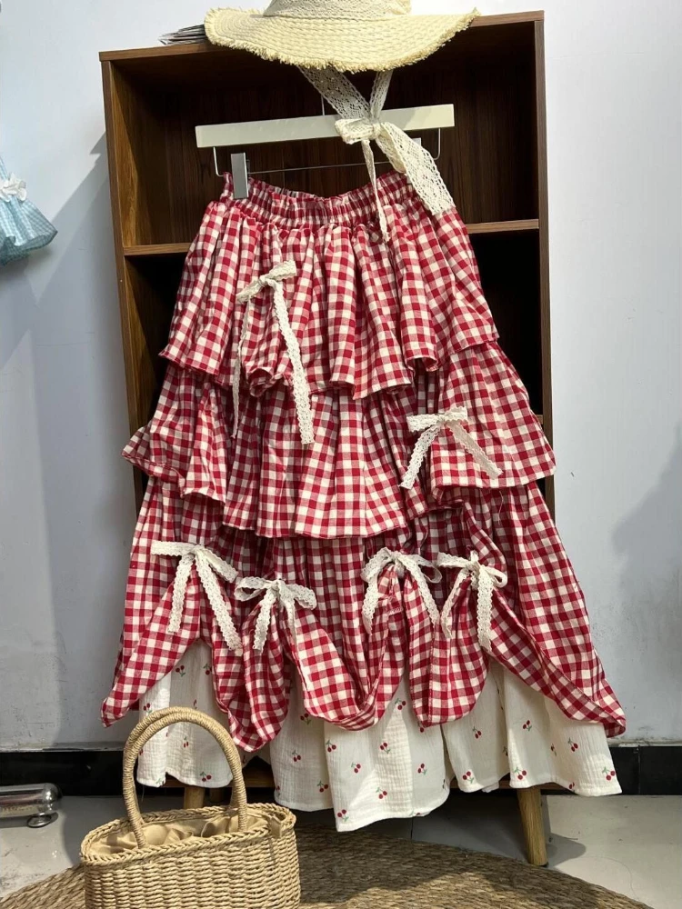 Puchata spódnica w kratę z kokardą w stylu preppy Czerwony