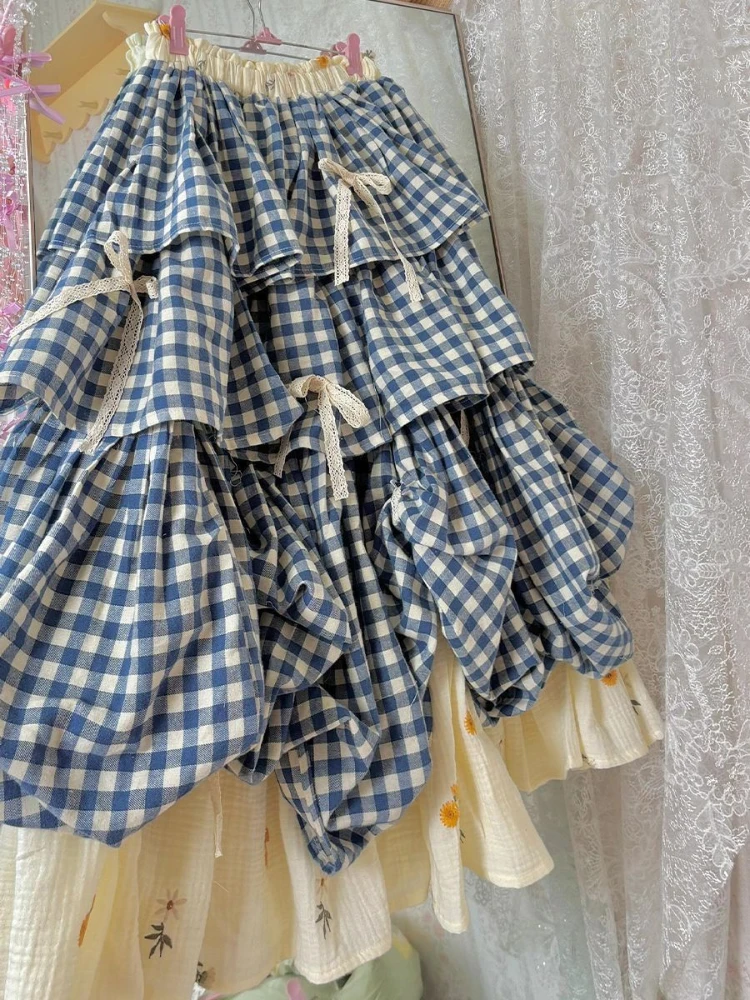 Puchata spódnica w kratę z kokardą w stylu preppy Niebieski