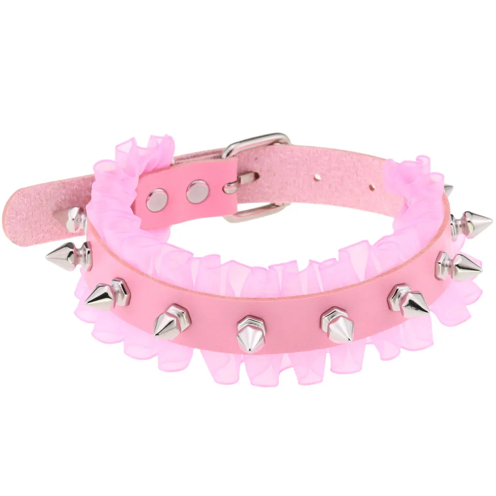 Punk różowy choker z koronki i ekoskóry z zawieszką Różowy