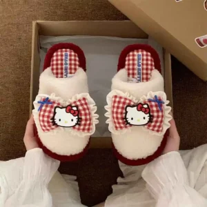 Puszyste kapcie domowe Hello Kitty dla dziewczynek i kobiet Czerwony