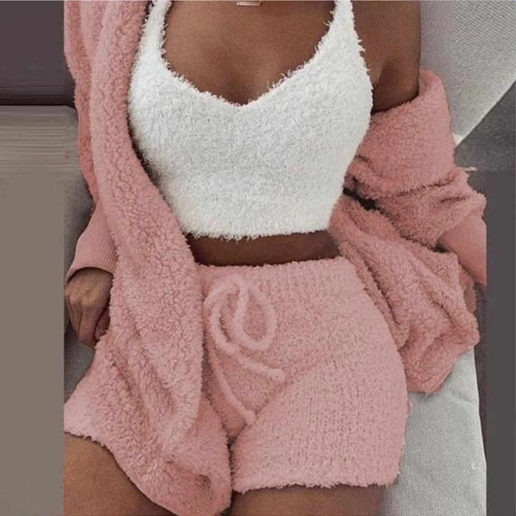 Puszysty komplet piżamy damskiej 3-częściowy bluza top szorty zima Beżowy