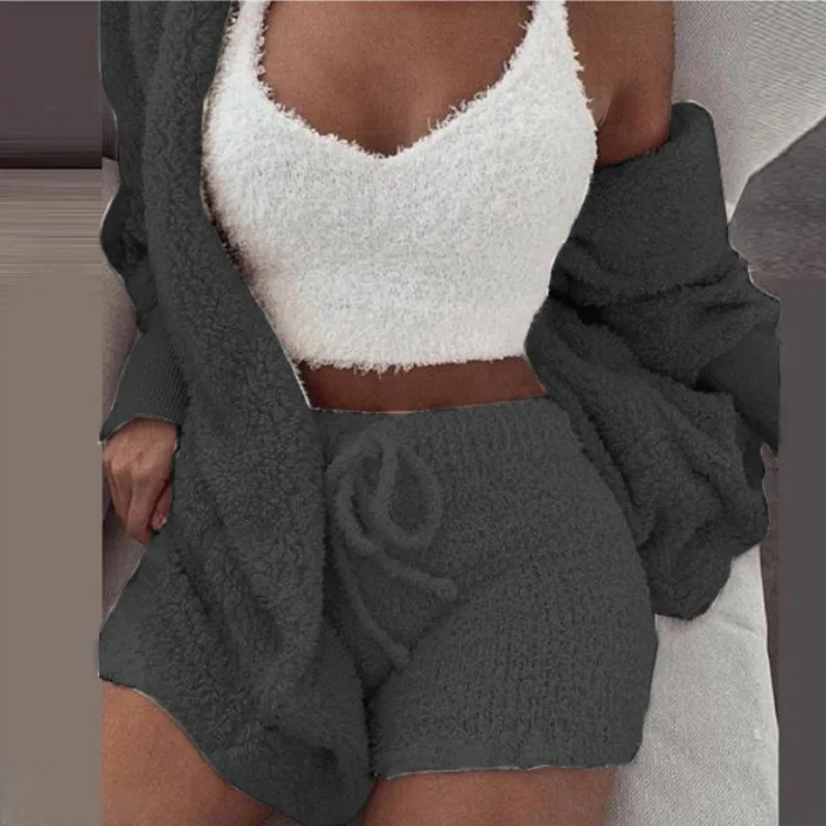 Puszysty komplet piżamy damskiej 3-częściowy bluza top szorty zima Ciemnoszary