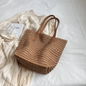 Ręcznie tkana torba plażowa ze słomy w stylu boho Khaki